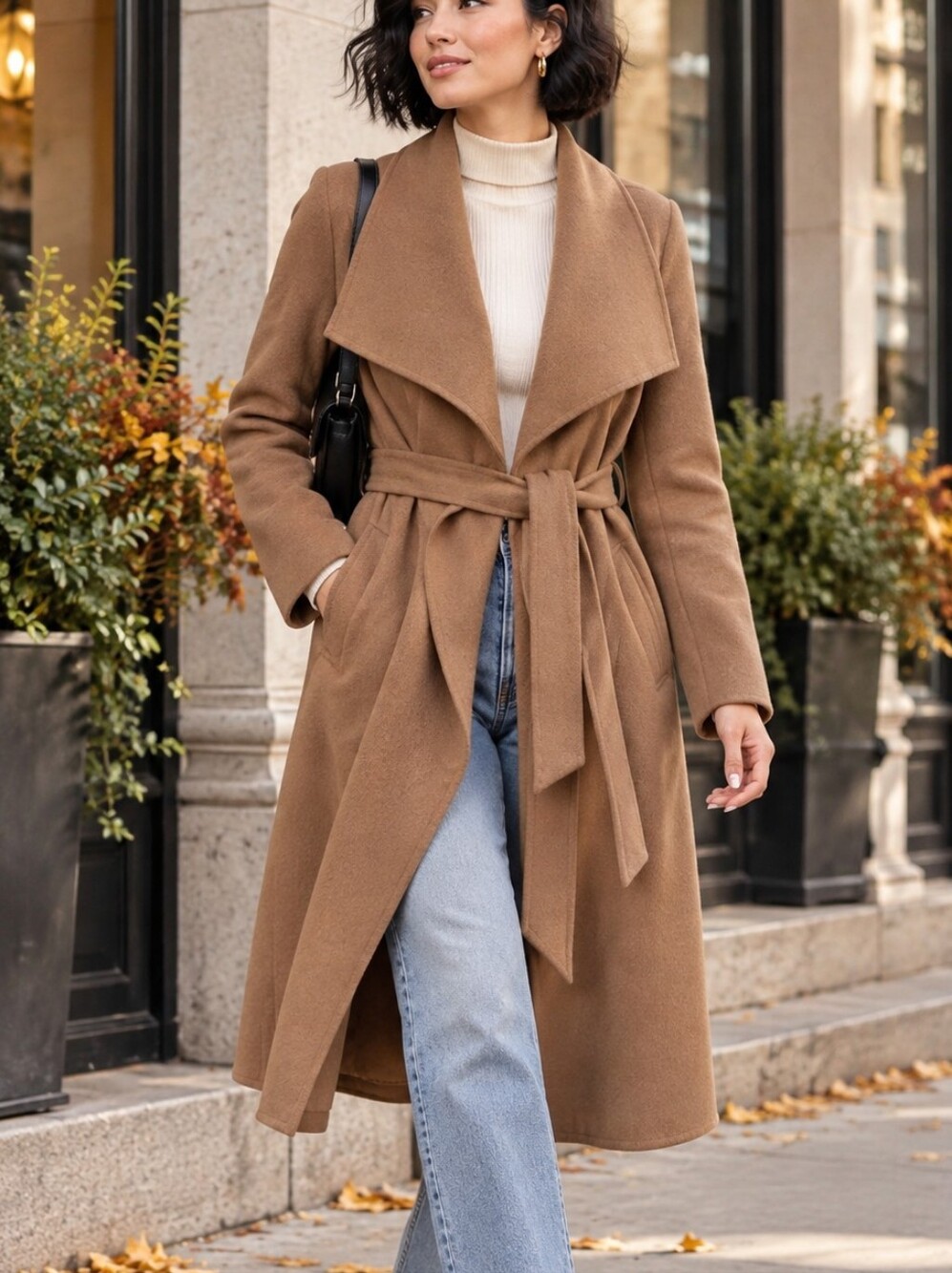 ONLY Brown Waterfall Trench Coat Belted Draped Wrap Jacket XS